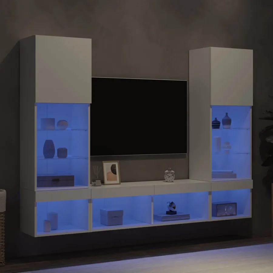 Unités murales TV avec LED 5 pcs blanc bois d'ingénierie
