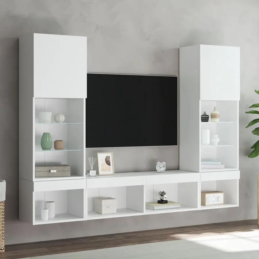 Unités murales TV avec LED 5 pcs blanc bois d'ingénierie - 4