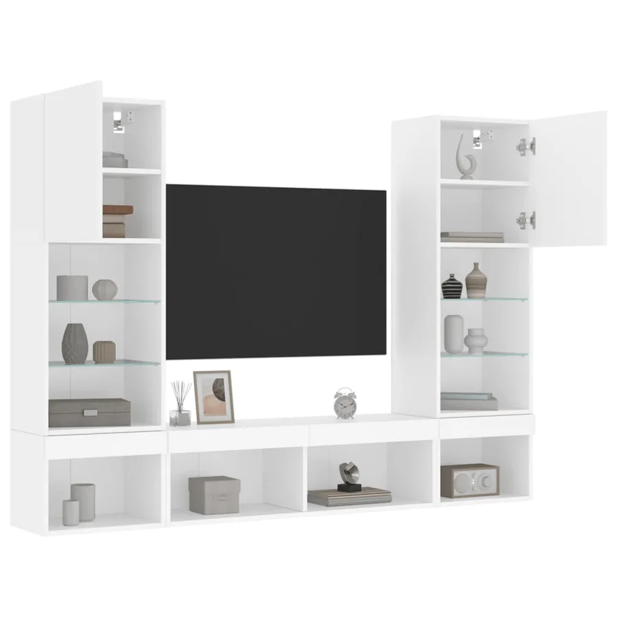 Unités murales TV avec LED 5 pcs blanc bois d'ingénierie - 5