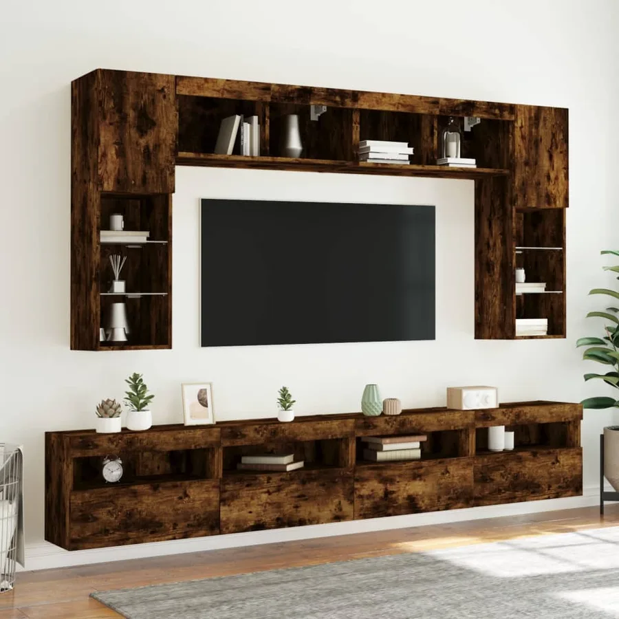 Meubles TV muraux et lumières LED 2pcs chêne fumé 60x30x40 cm - 6