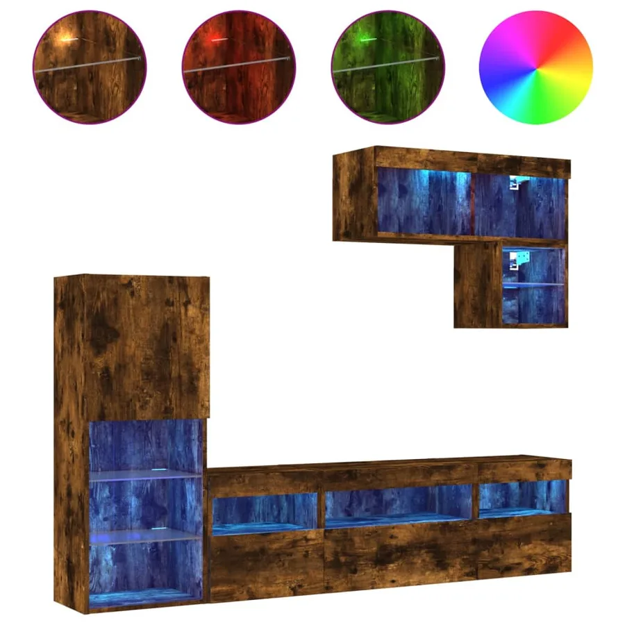 Unités murales TV avec LED 6 pcs chêne fumé bois d'ingénierie - 2