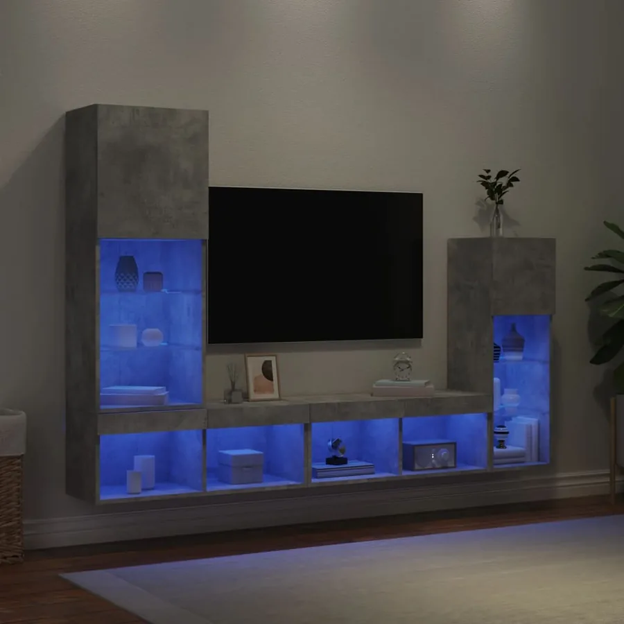 Unités murales TV avec LED 4 pcs gris béton bois d'ingénierie