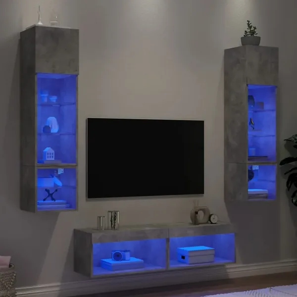 Unités murales TV avec LED 6 pcs gris béton bois d'ingénierie