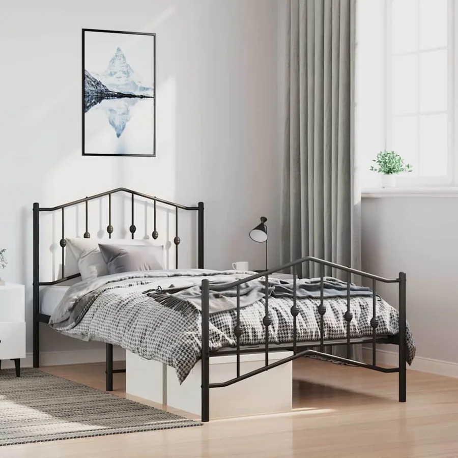 Cadre de lit métal sans matelas avec pied de lit noir 100x190cm
