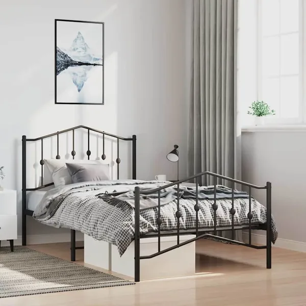 Cadre de lit métal sans matelas avec pied de lit noir 100x190cm