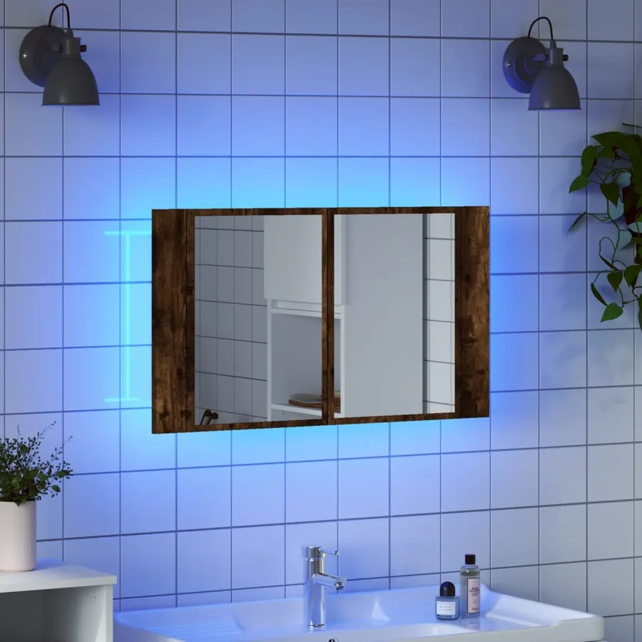 Armoire à miroir à LED de bain chêne fumé 80x12x45 cm acrylique - 4