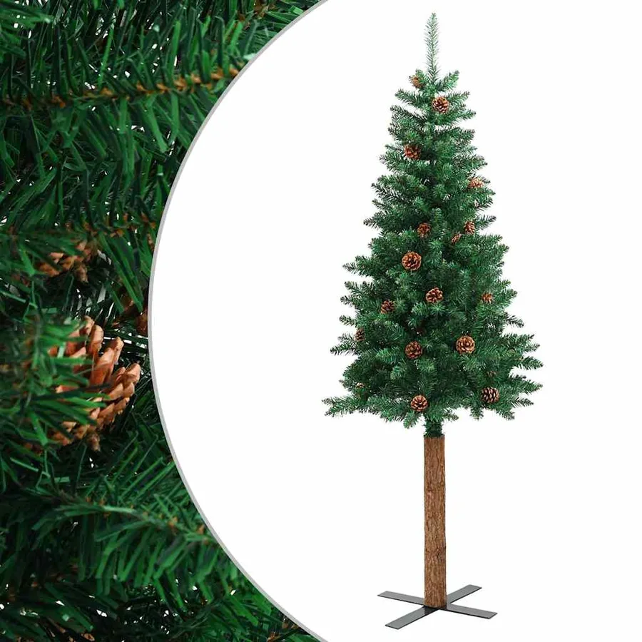 Sapin de Noël mince avec bois véritable et cônes vert 150cm PVC - 2
