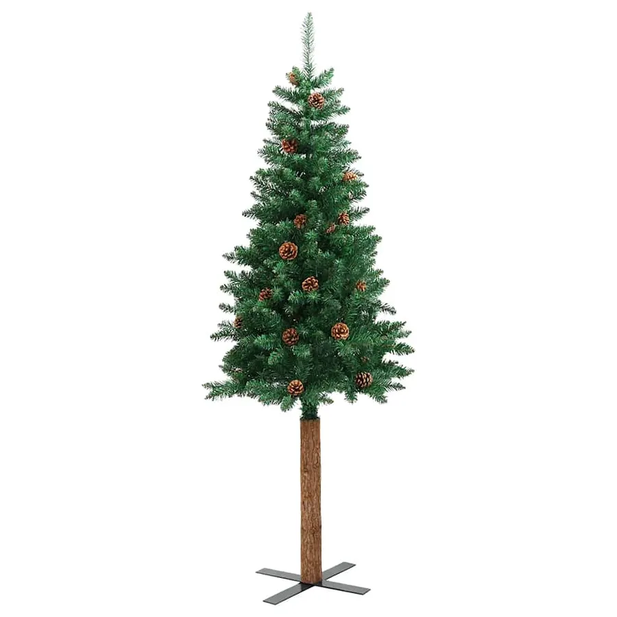 Sapin de Noël mince avec bois véritable et cônes vert 150cm PVC - 3