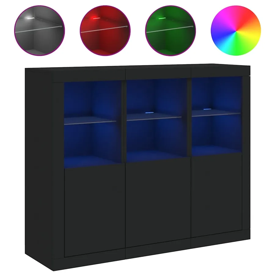 Buffets avec lumières LED 3 pcs noir bois d'ingénierie - 2