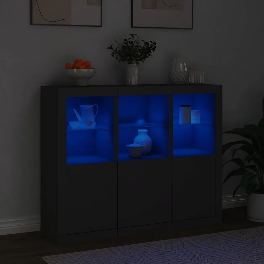 Buffets avec lumières LED 3 pcs noir bois d'ingénierie - 3