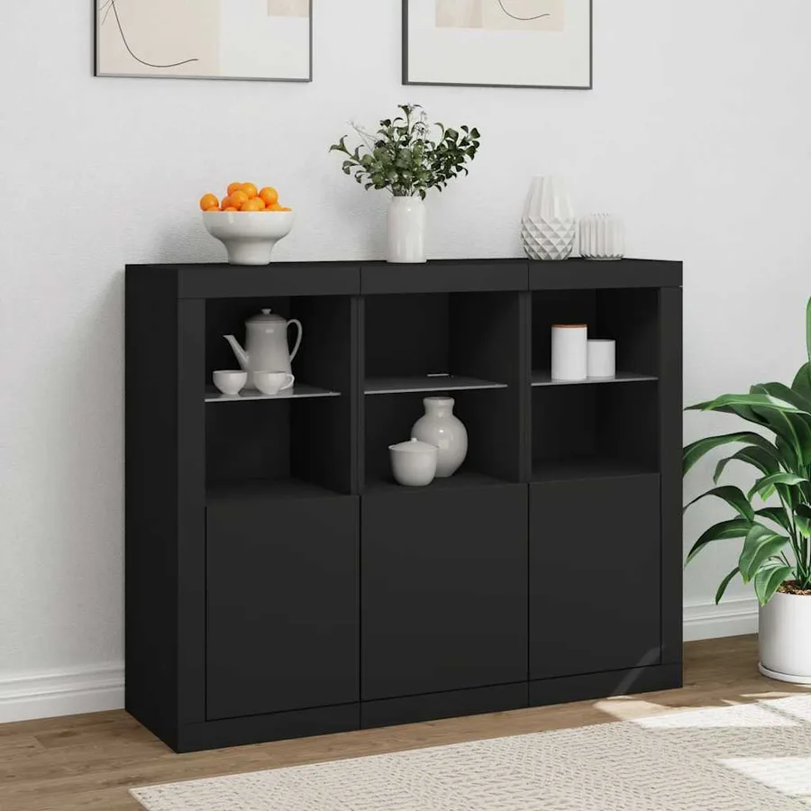Buffets avec lumières LED 3 pcs noir bois d'ingénierie - 4