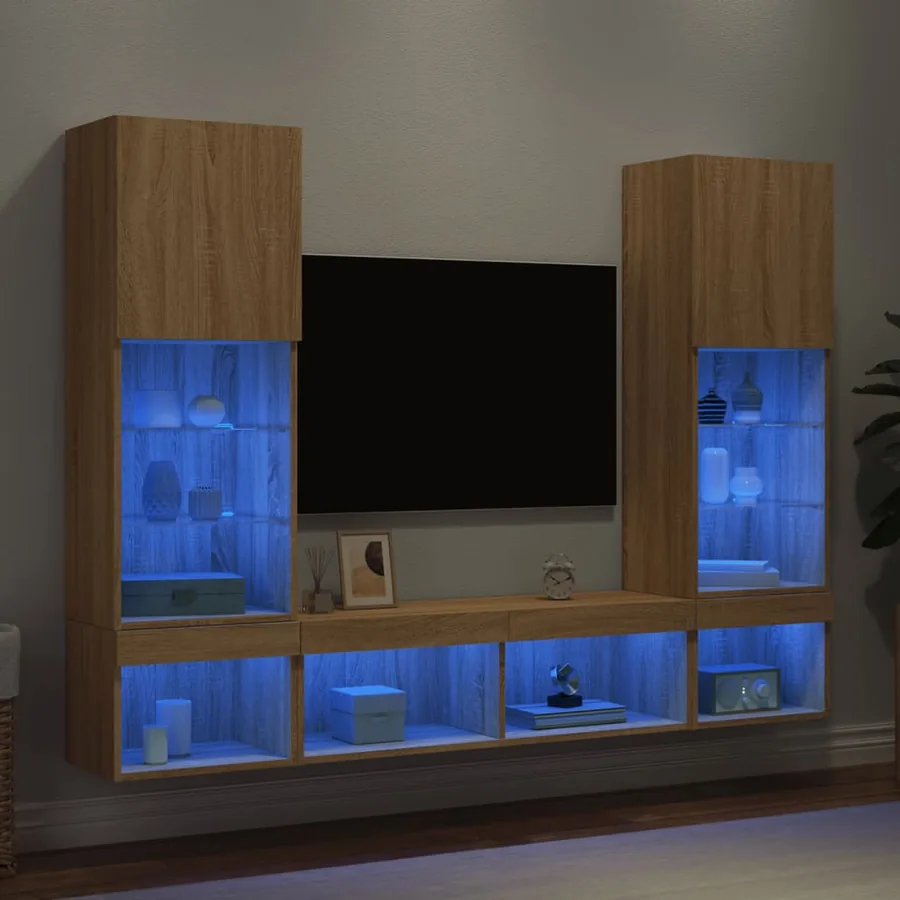 Unités murales TV avec LED 5 pcs chêne sonoma bois d'ingénierie