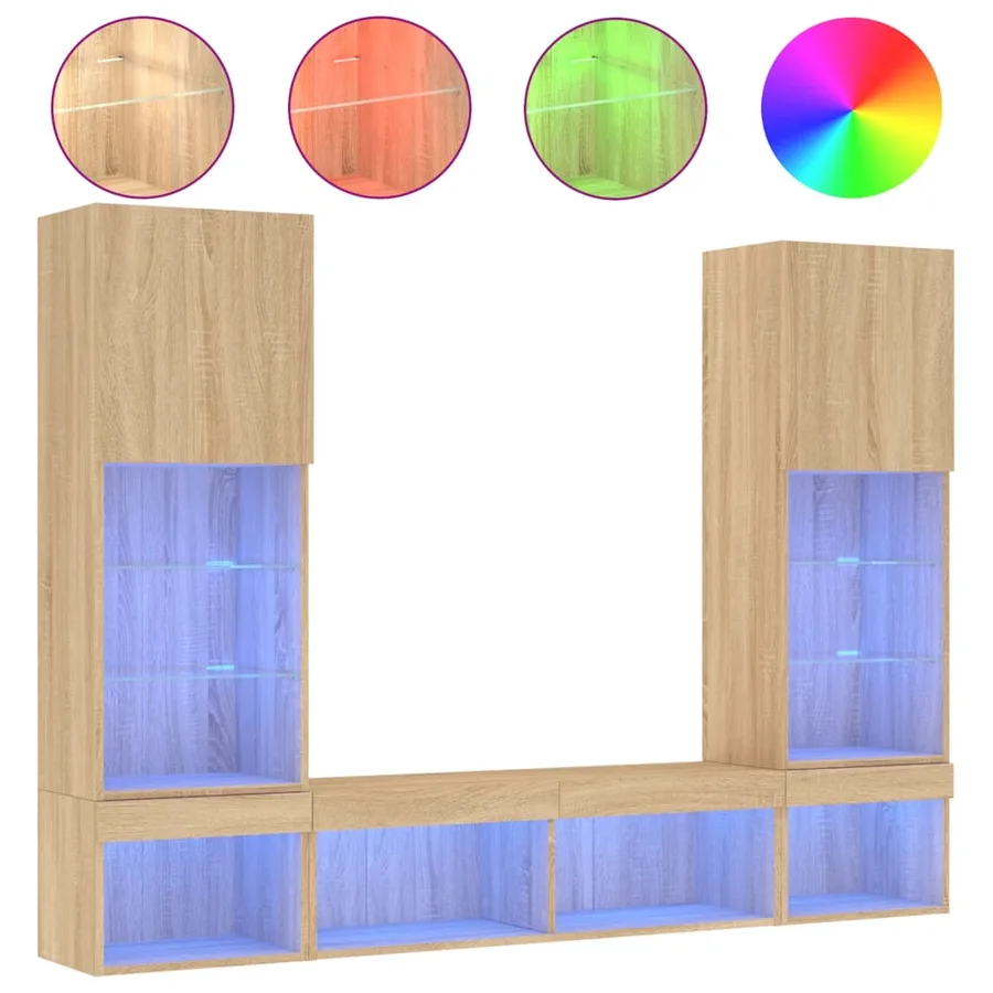 Unités murales TV avec LED 5 pcs chêne sonoma bois d'ingénierie - 2