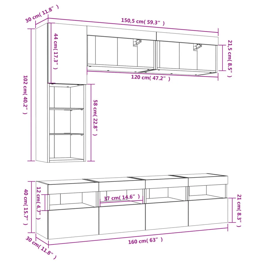 Ensemble de meubles TV muraux 7 pcs avec lumières LED blanc - 20