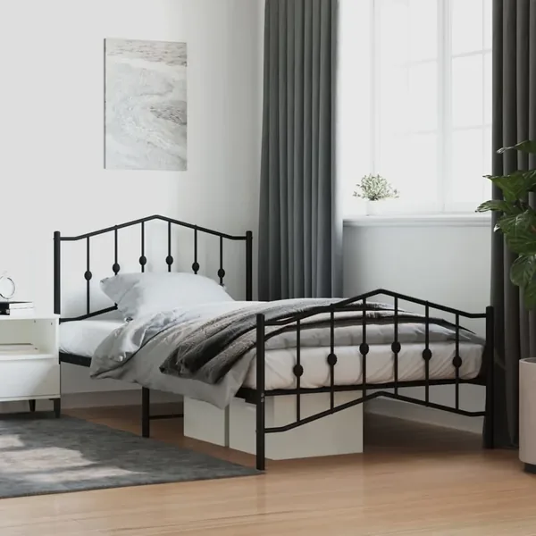 Cadre de lit métal sans matelas avec pied de lit noir 107x203cm