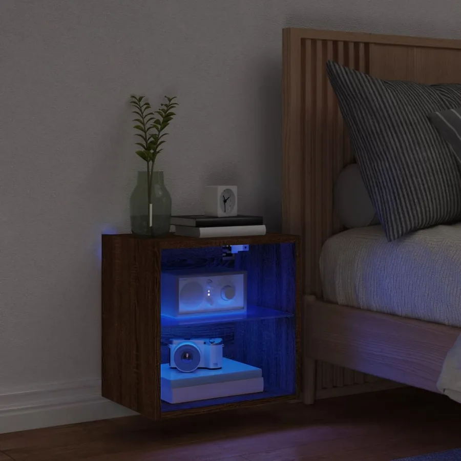 Table de chevet murale avec lumières LED chêne marron - 3
