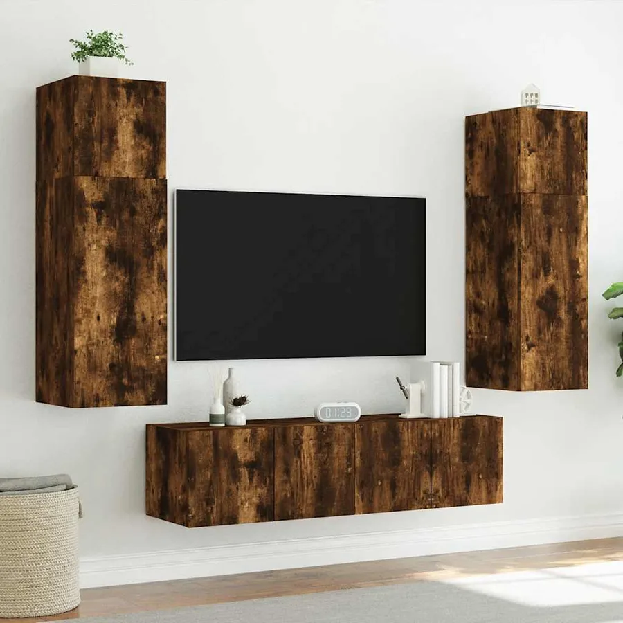 Meuble TV mural avec lumières LED chêne fumé 60x35x31 cm - 4