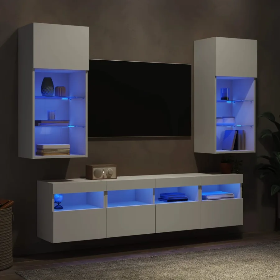 Unités murales TV avec LED 5 pcs blanc bois d'ingénierie