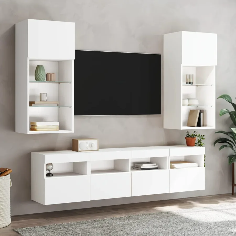 Unités murales TV avec LED 5 pcs blanc bois d'ingénierie - 4