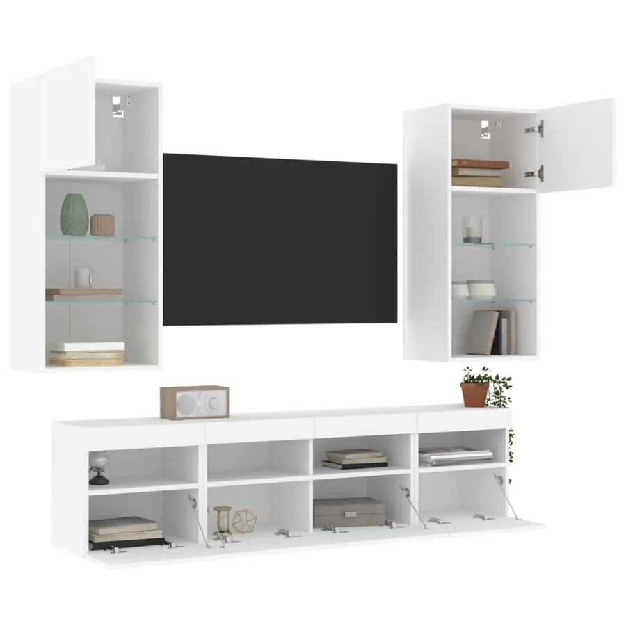 Unités murales TV avec LED 5 pcs blanc bois d'ingénierie - 5