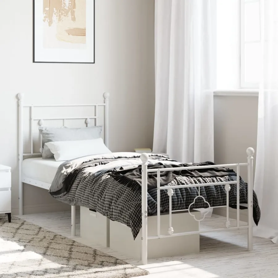 Cadre de lit métal sans matelas avec pied de lit blanc 80x200cm