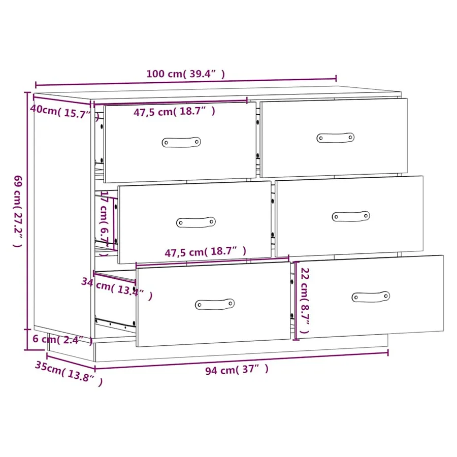 Buffet Noir 100x40x75 cm Bois massif de pin - 9