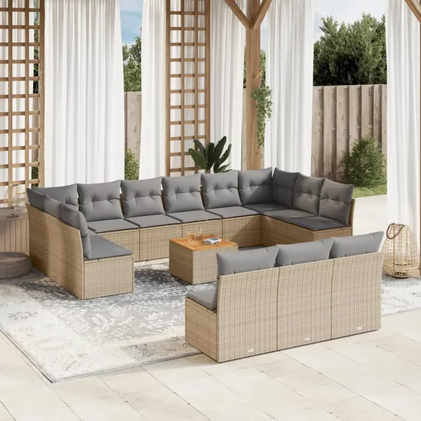 Salon de jardin avec coussins 14 pcs beige résine tressée