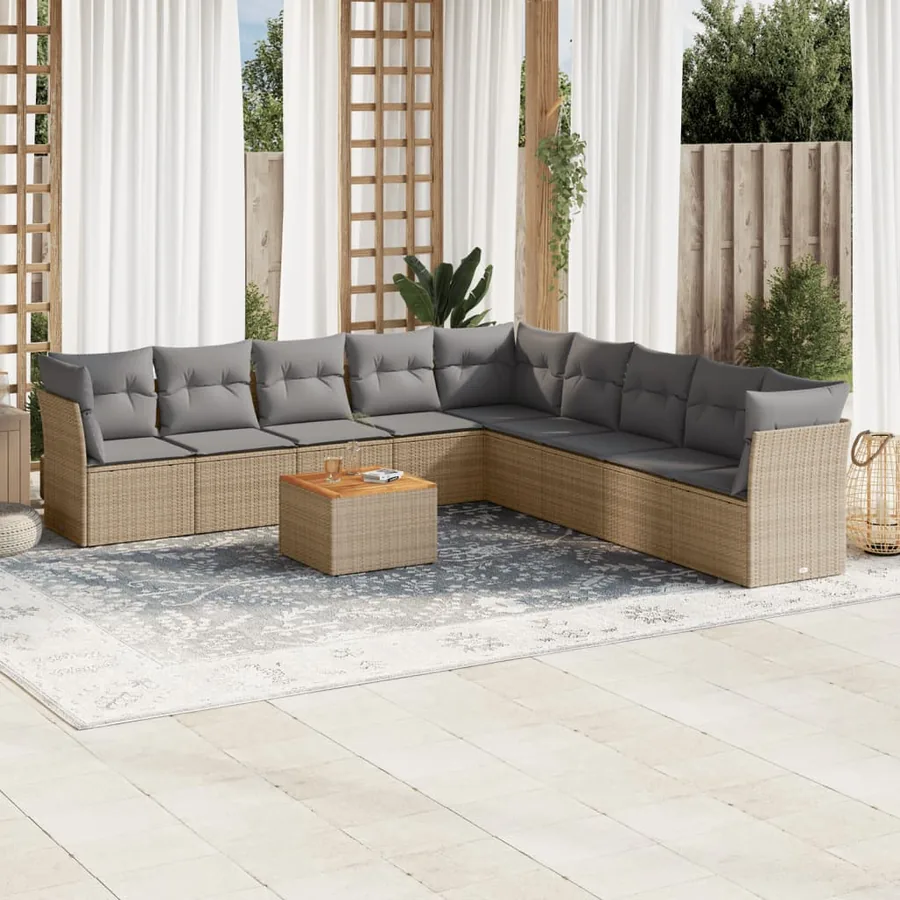 Salon de jardin avec coussins 10 pcs beige résine tressée