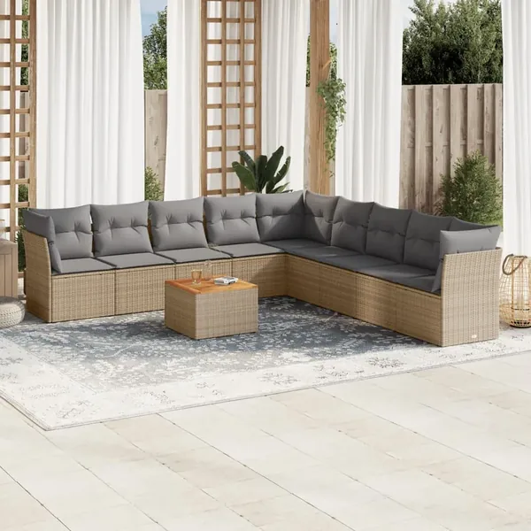 Salon de jardin avec coussins 10 pcs beige résine tressée