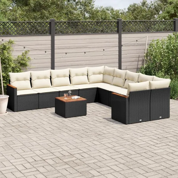 Salon de jardin 11 pcs avec coussins noir résine tressée