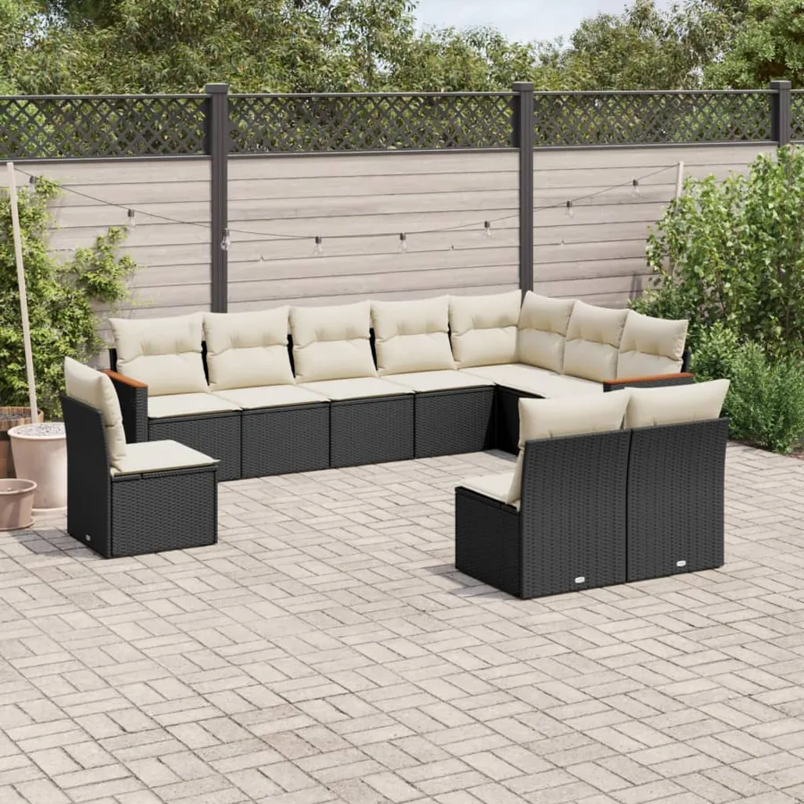 Salon de jardin 10 pcs avec coussins noir résine tressée