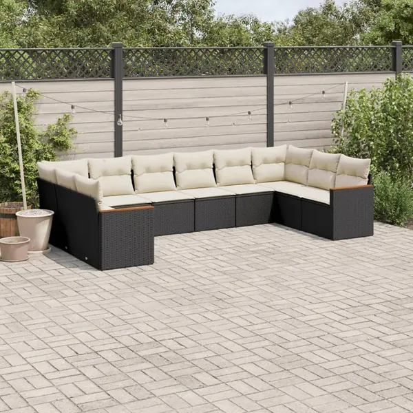 Salon de jardin 10 pcs avec coussins noir résine tressée