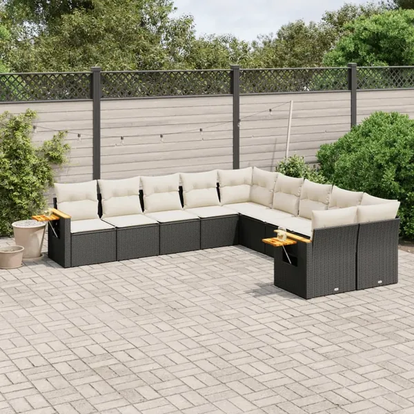 Salon de jardin 10 pcs avec coussins noir résine tressée
