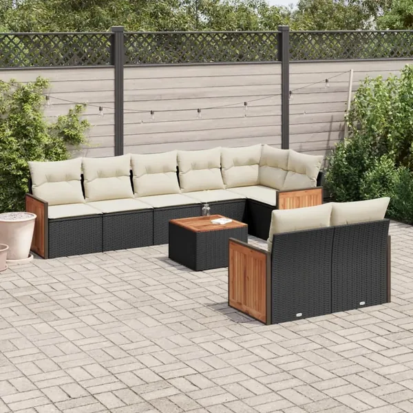 Salon de jardin 9 pcs avec coussins noir résine tressée