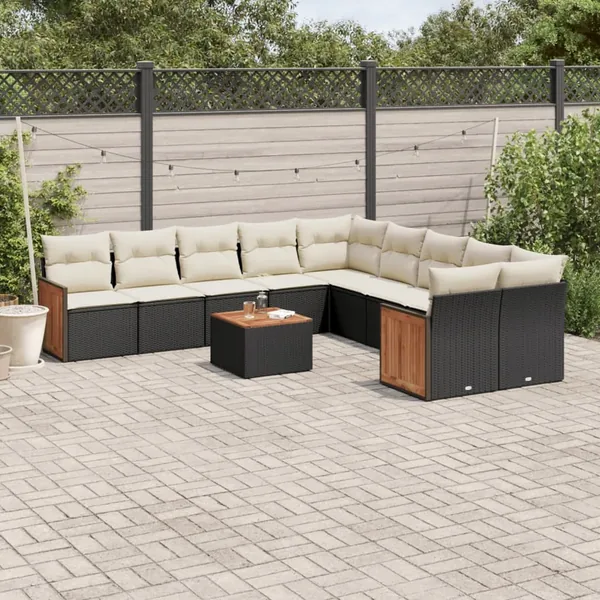 Salon de jardin 11 pcs avec coussins noir résine tressée