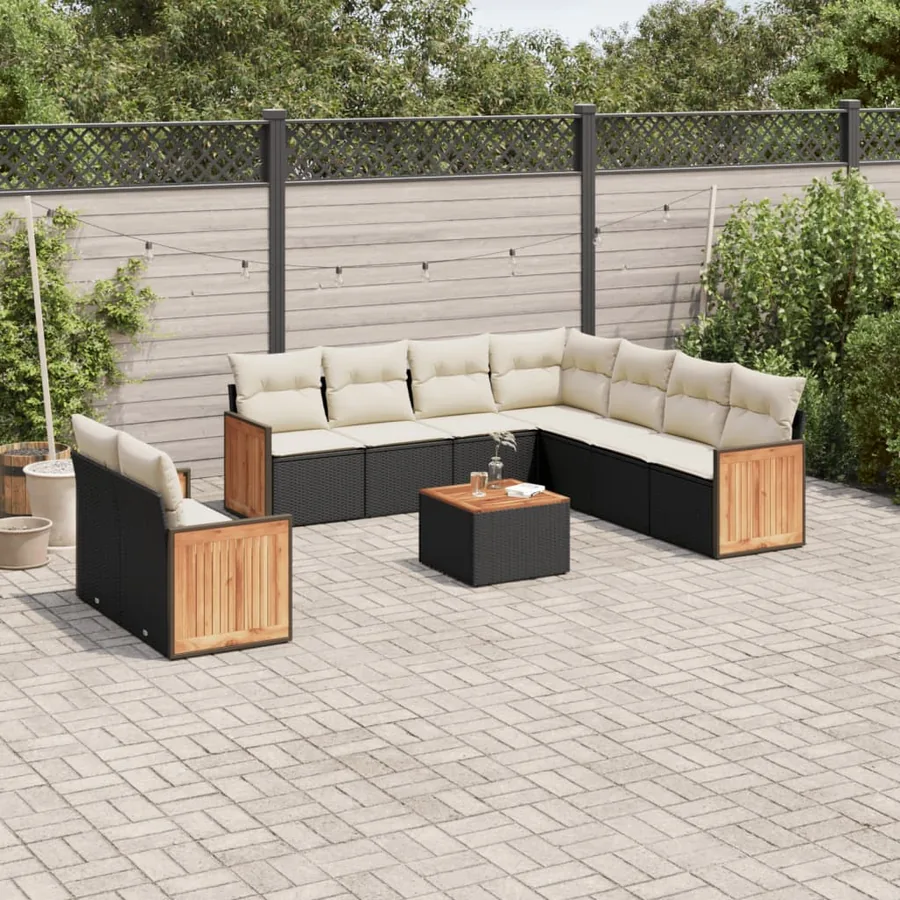 Salon de jardin 10 pcs avec coussins noir résine tressée