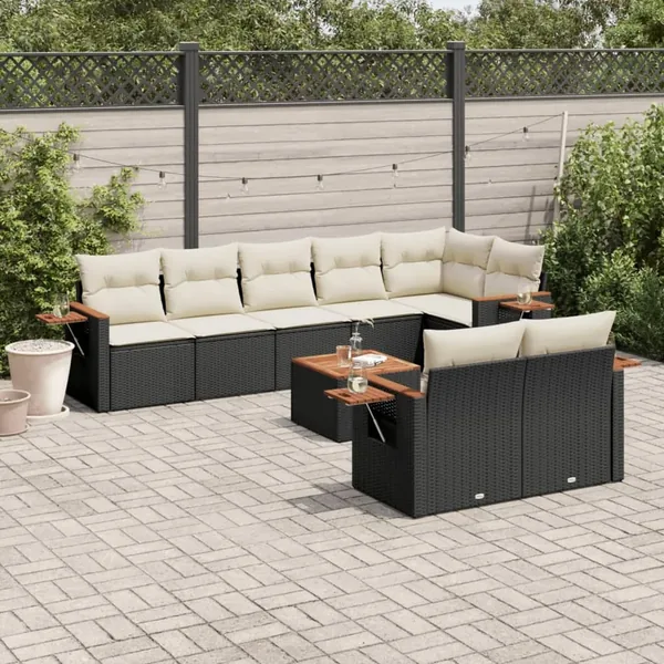 Salon de jardin 9 pcs avec coussins noir résine tressée