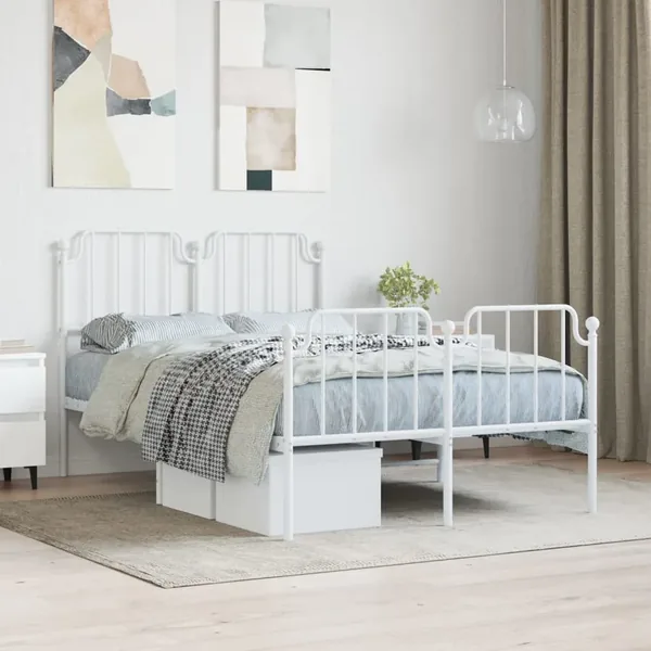Cadre de lit métal sans matelas et pied de lit blanc 120x200 cm