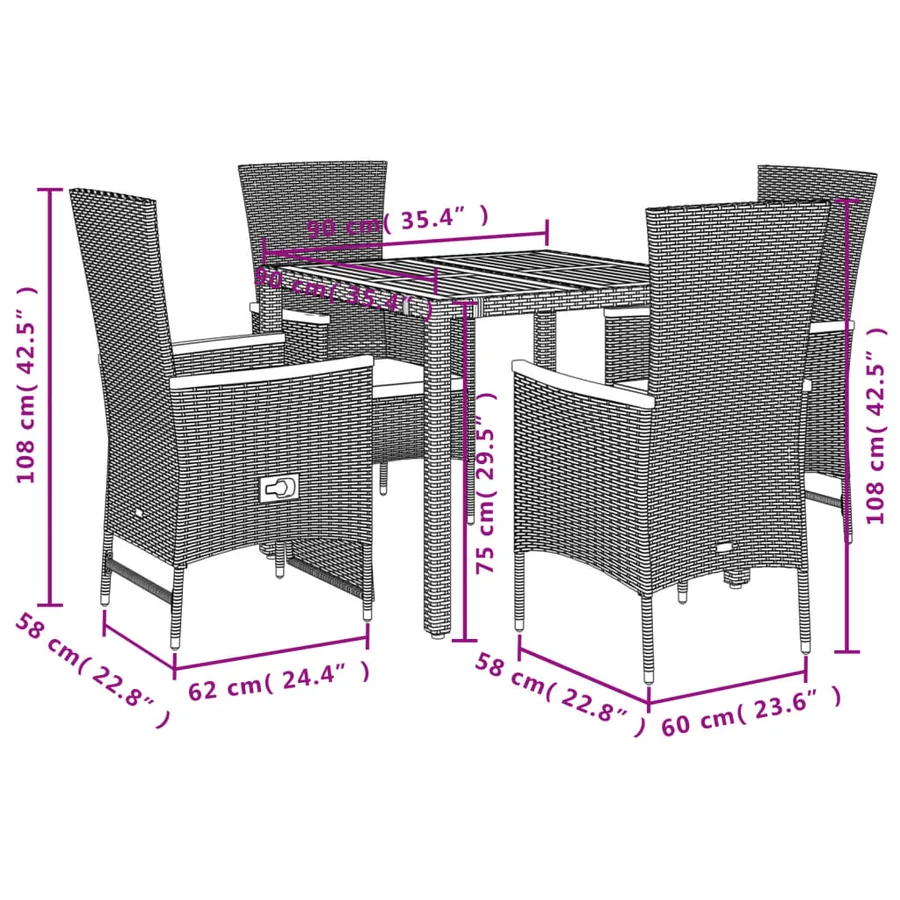 Ensemble à manger de jardin coussins 5pcs Noir Résine tressée - 5
