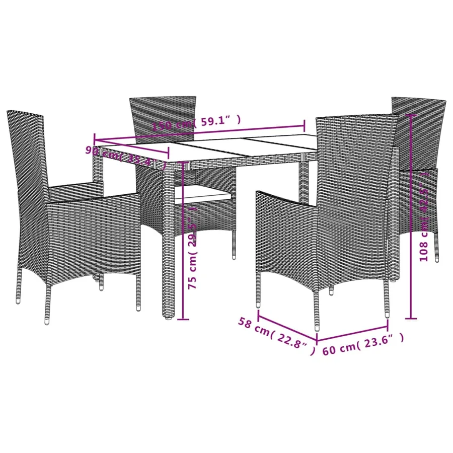 Ensemble à manger de jardin avec coussins 5pcs Beige poly rotin - 5