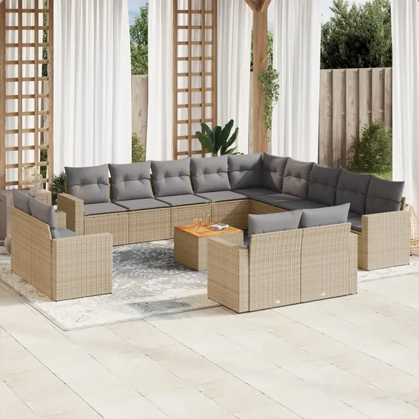 Salon de jardin avec coussins 14 pcs beige résine tressée