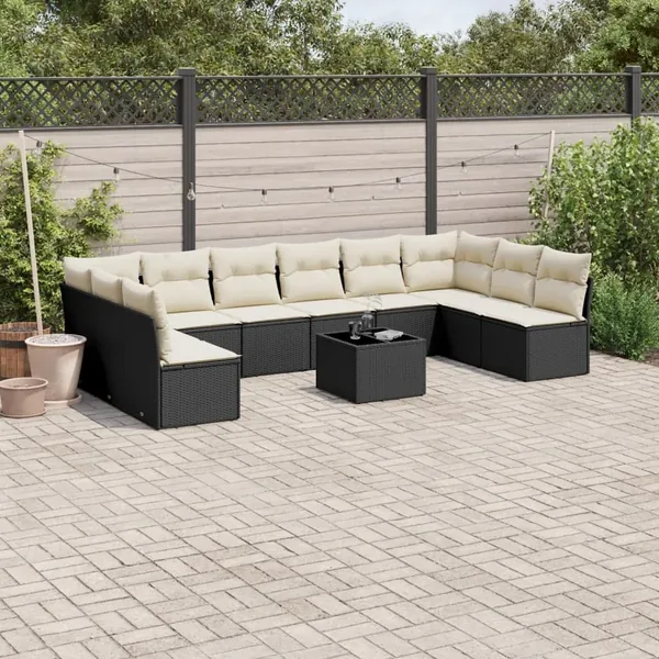 Salon de jardin 11 pcs avec coussins noir résine tressée
