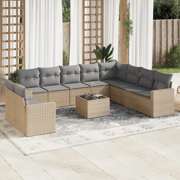 Salon de jardin 11 pcs avec coussins beige résine tressée