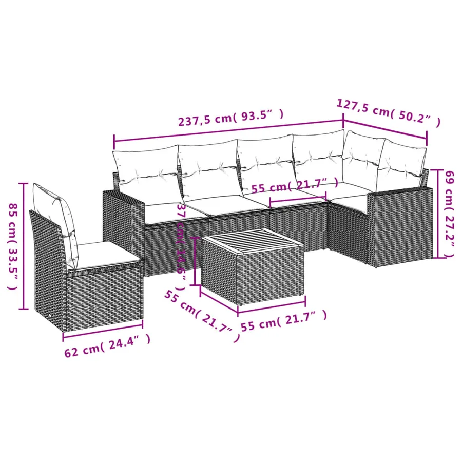 Salon de jardin 7 pcs avec coussins noir résine tressée 65,5 x 62 x 69 cm - 55,0 kg - 3