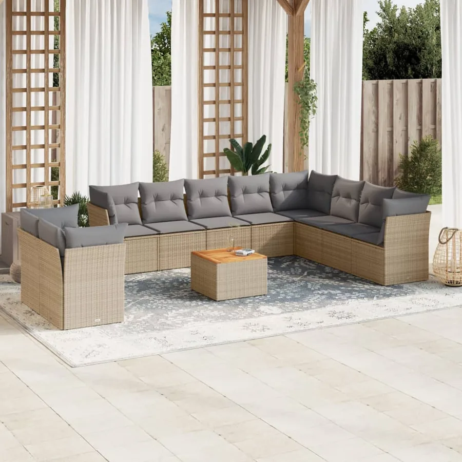 Salon de jardin 11 pcs avec coussins beige résine tressée