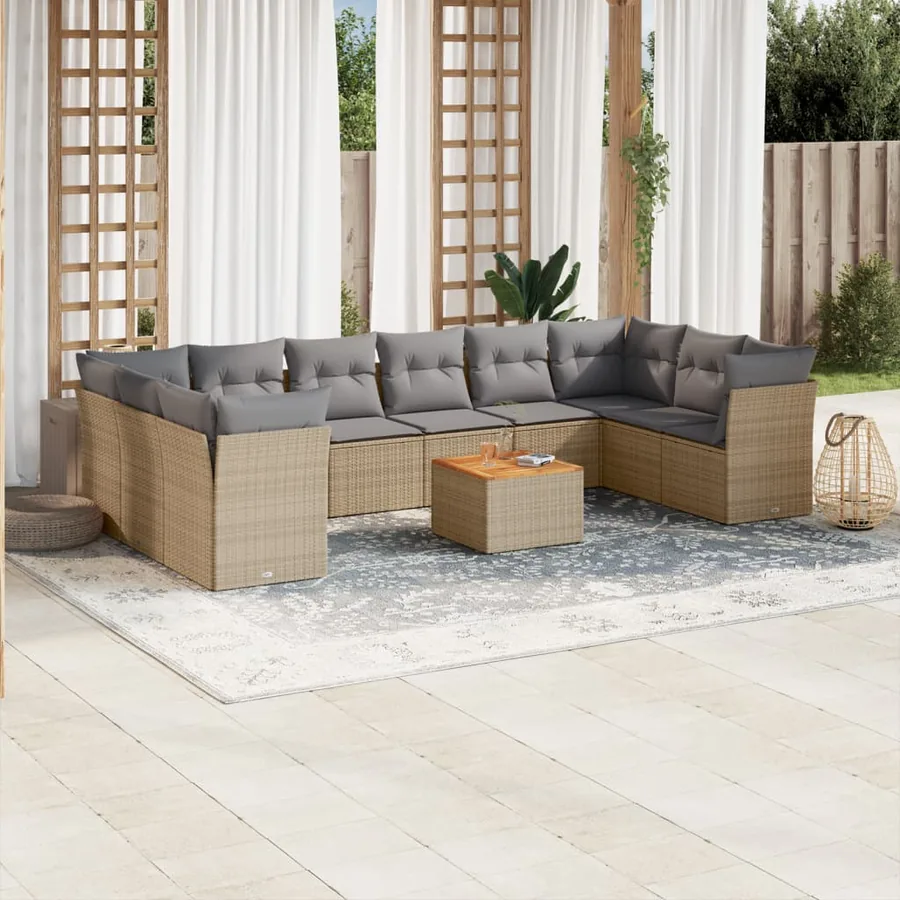 Salon de jardin 11 pcs avec coussins beige résine tressée