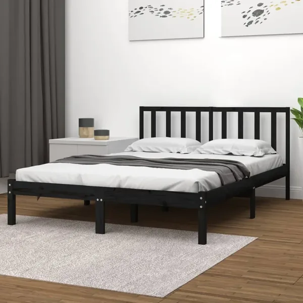 Cadre de lit sans matelas noir bois de pin massif