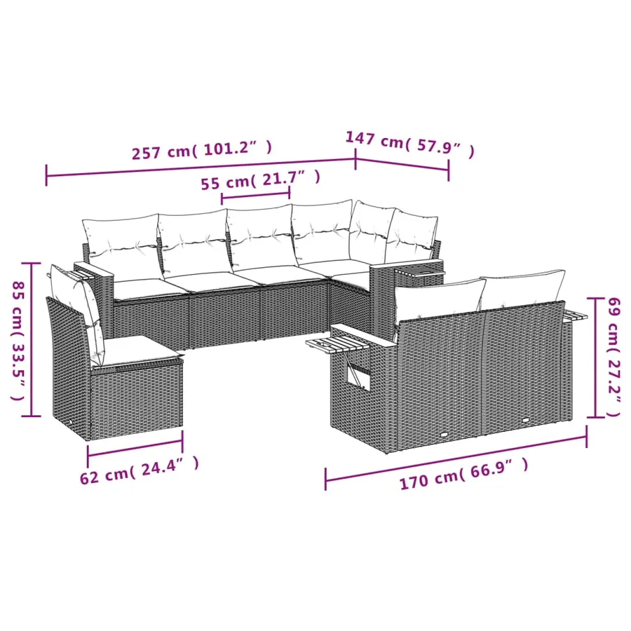 Salon de jardin avec coussins 8 pcs beige résine tressée - 8