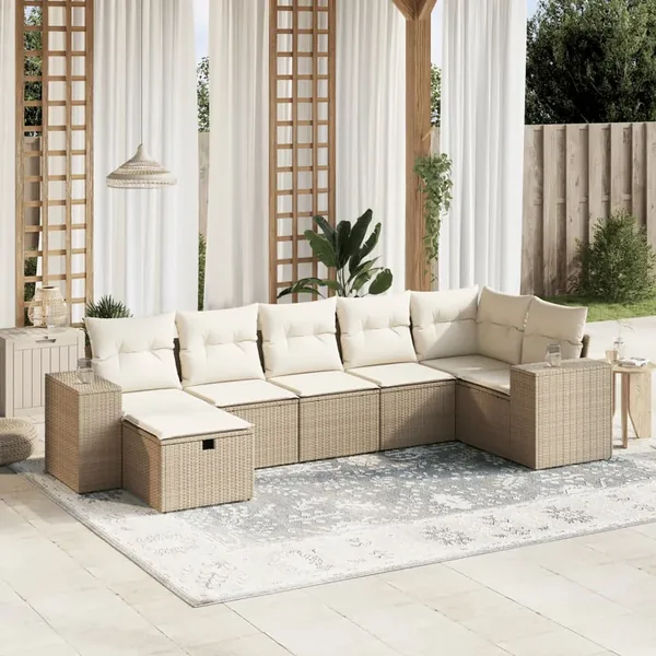 Salon de jardin avec coussins 7 pcs beige résine tressée