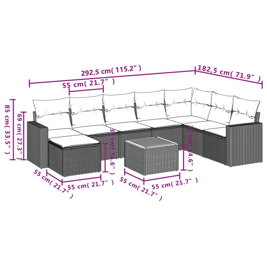 Salon de jardin 9 pcs avec coussins noir résine tressée - 3
